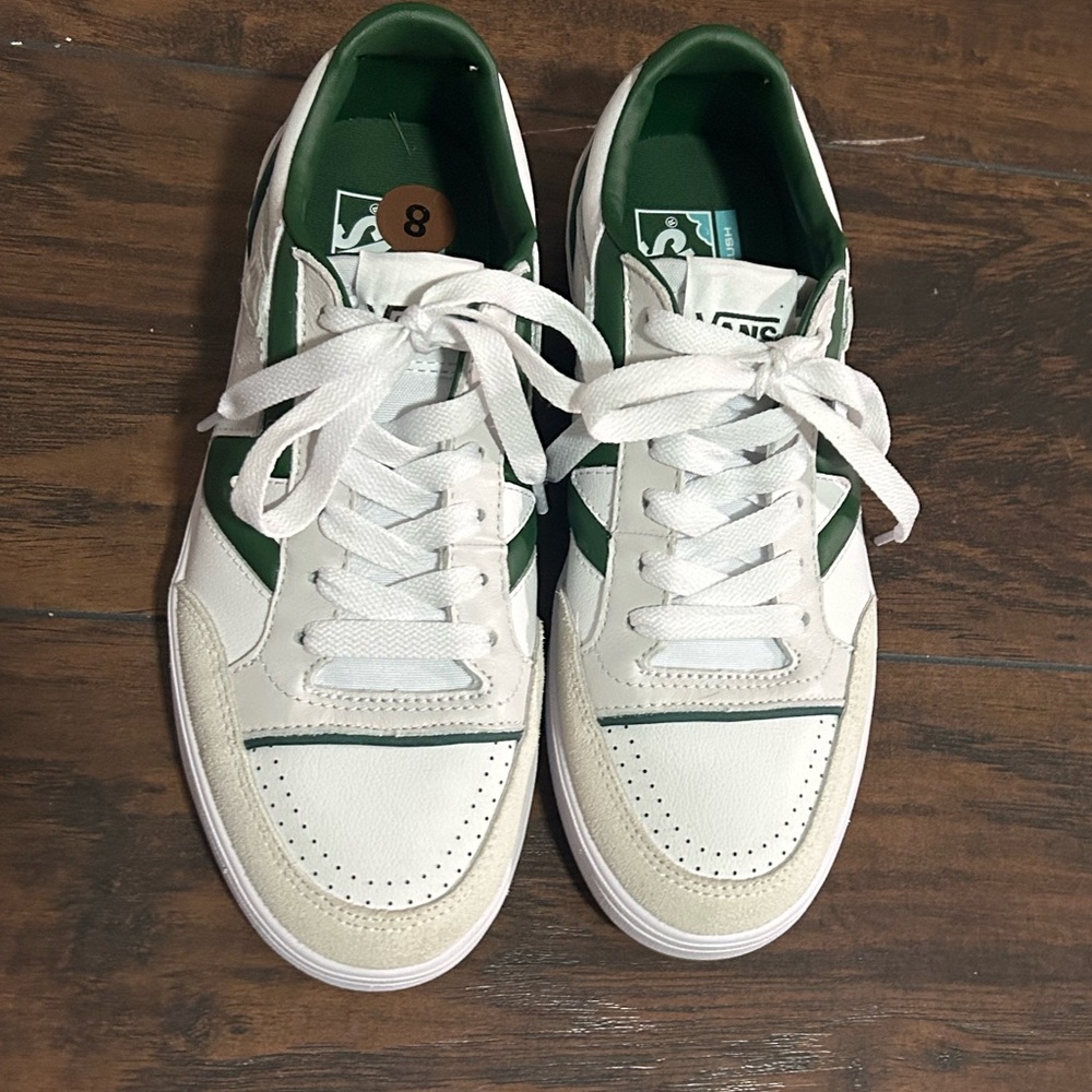 MEN’S VAN’S SNEAKERS - white w/ green leather upper.  Men’s size 8